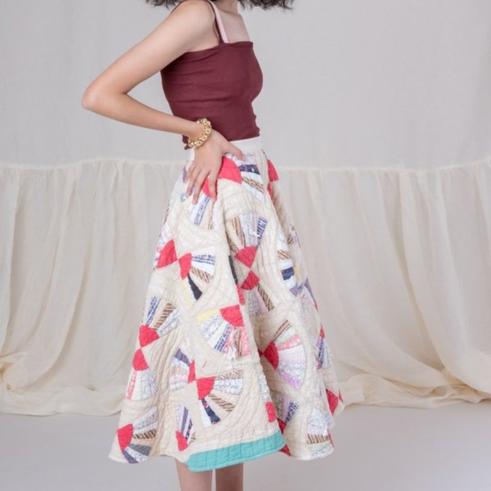 Karleen Patchwork A-Line Midi Skirt in Cream and Coral